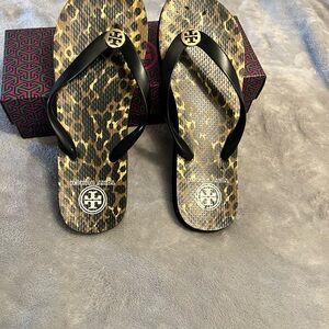 Tory Burch Black and Brown Animal Print Flip Flops (run small)